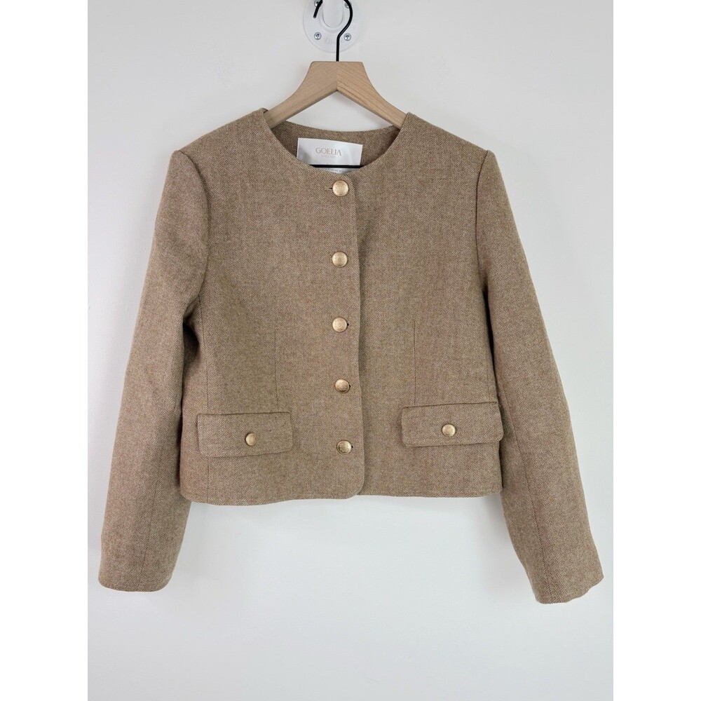 GOELIA Camel Cropped Merino Wool Jacket Classic Blazer Ornate Gold Buttons Sz M